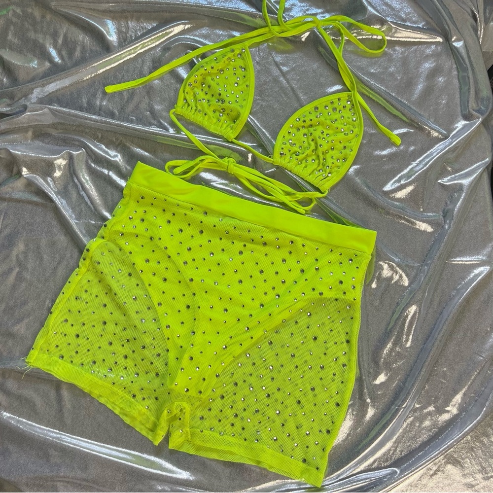 SOLD 💛 Two Piece Neon Yellow Rhinestone Biker Short Set